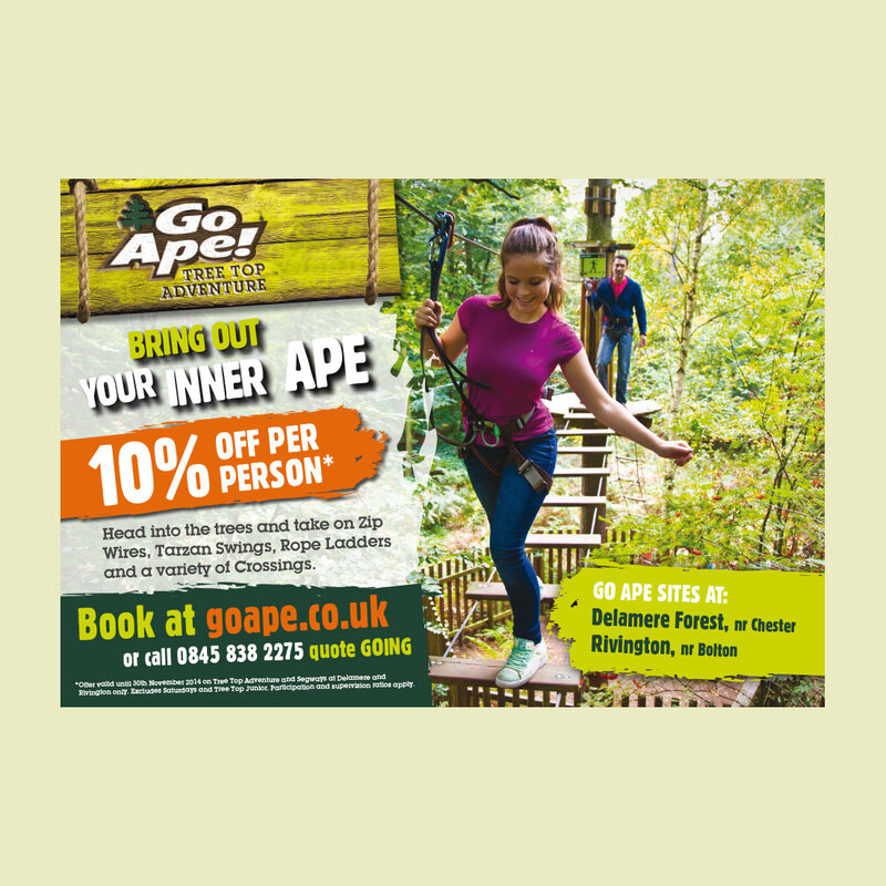 Press ad for Go Ape promoting 10% off deal at selected sites by Drydesign