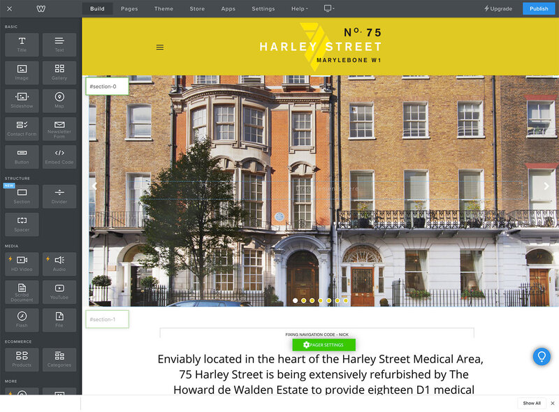 Build of 75 Harley Street website using bespoke template by Drydesign
