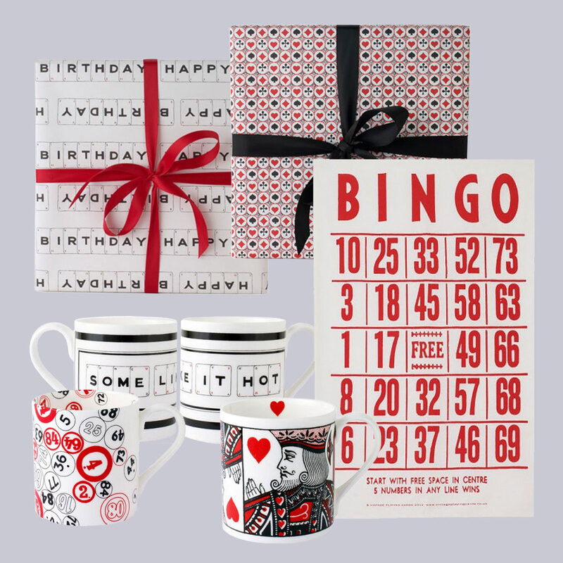 Wrapping paper, mugs and tea towels for Vintage Playing Cards by Drydesign