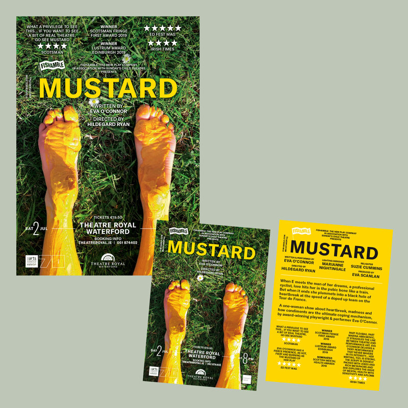Poster and flyer for Fishamble's production of 'Mustard' at the Theatre Royal Waterford by Drydesign.